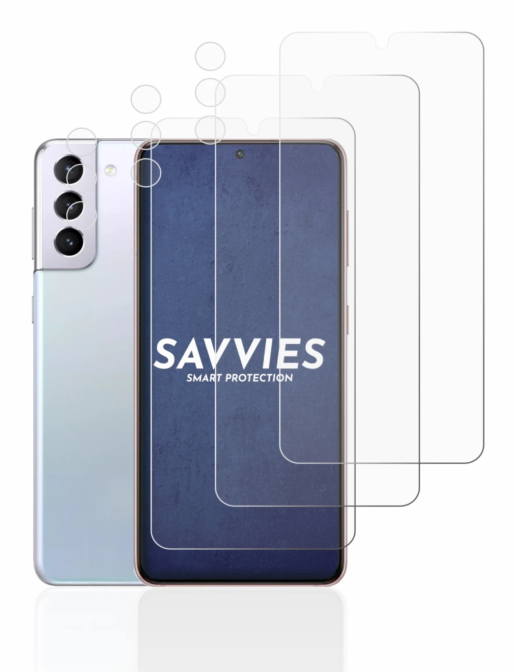 Abbildung des Geräts Samsung Galaxy S21 5G (Display+Kamera) mit einer Vielzahl des Displayschutzes.