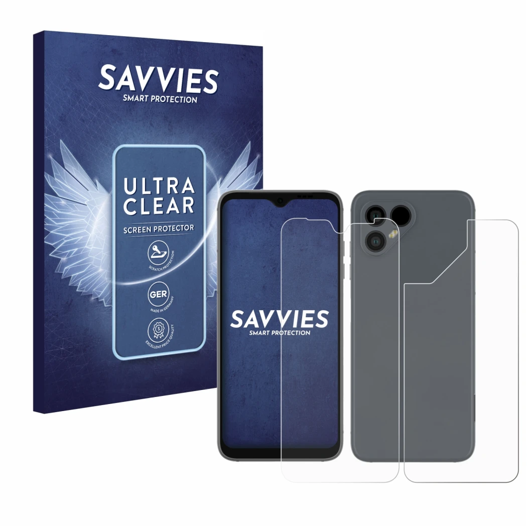 Vorderseite einer Produktverpackung mit dem Markenlogo Savvies. Daneben ist das Gerät Fairphone 4 (Display+Rückseite) mit dem 