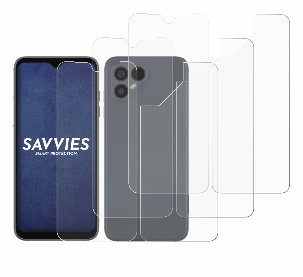 Abbildung des Geräts Fairphone 4 (Display+Rückseite) mit einer Vielzahl des Displayschutzes.