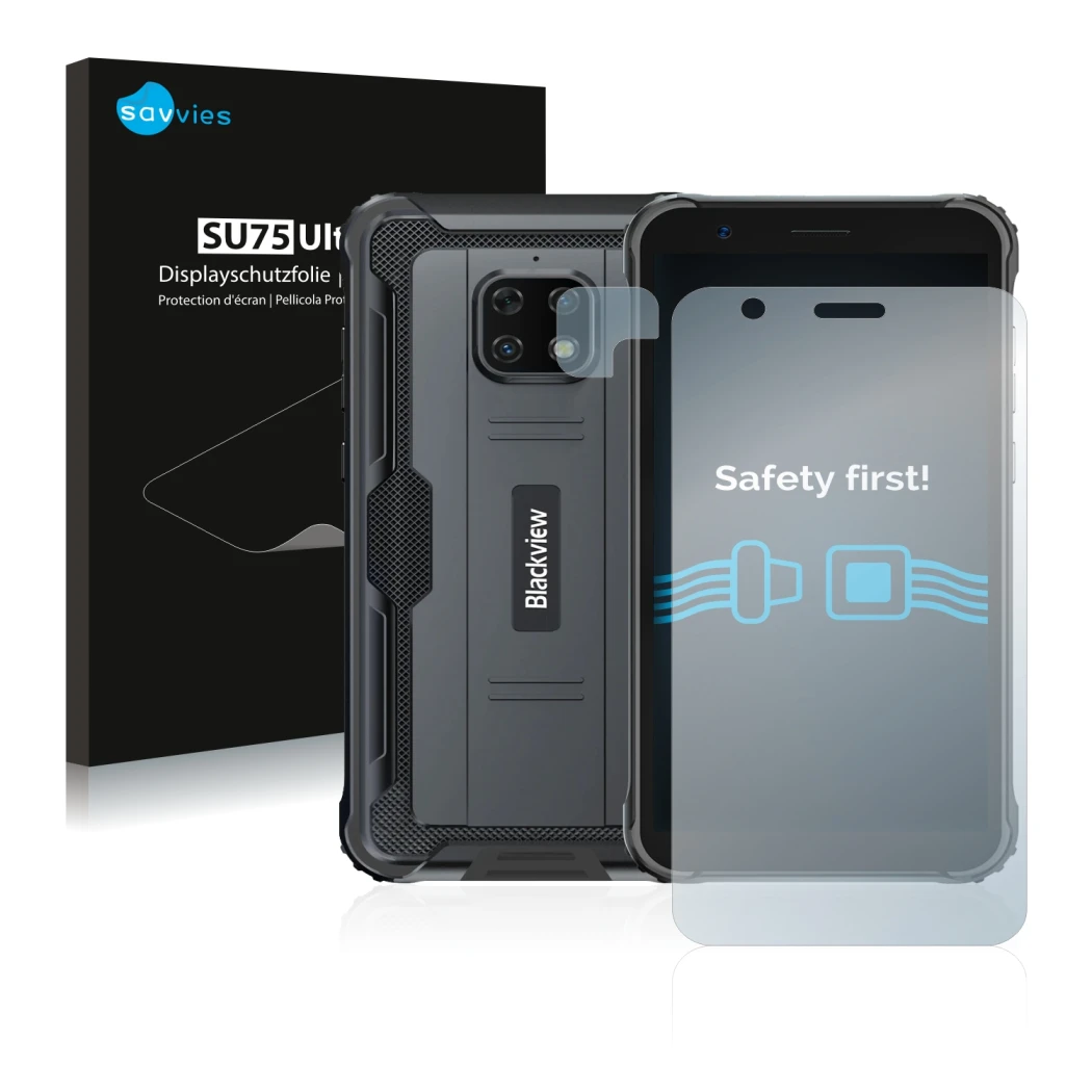 Vorderseite einer Produktverpackung mit dem Markenlogo Savvies. Daneben ist das Gerät Blackview BV4900S (Display+Kamera) mit d