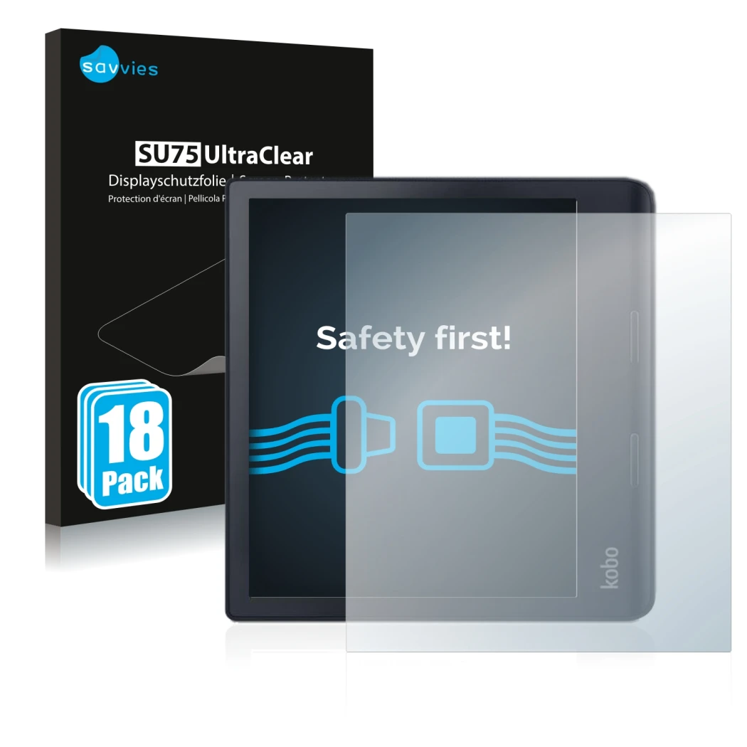 Vorderseite einer Produktverpackung mit dem Markenlogo Savvies. Daneben ist das Gerät Kobo Sage mit dem zugehörigen Displaysch