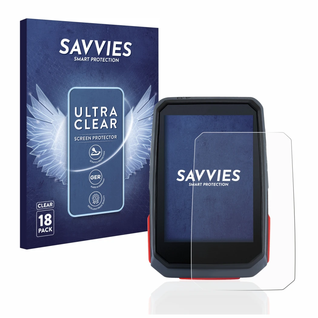 Vorderseite einer Produktverpackung mit dem Markenlogo Savvies. Daneben ist das Gerät Sigma ROX 4.0 mit dem zugehörigen Displa