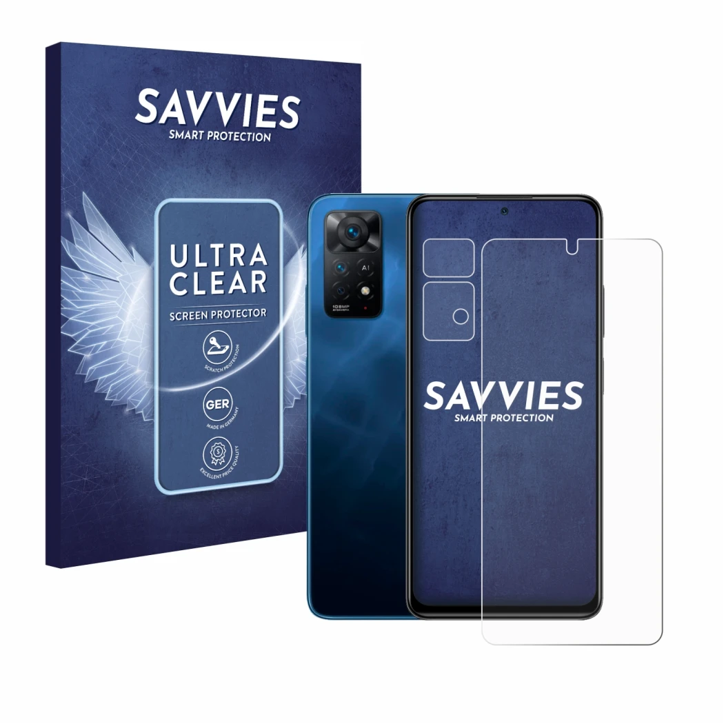 Vorderseite einer Produktverpackung mit dem Markenlogo Savvies. Daneben ist das Gerät Xiaomi Redmi Note 11 Pro 5G (Display+Kam