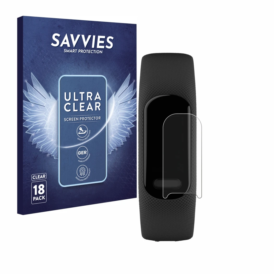 Vorderseite einer Produktverpackung mit dem Markenlogo Savvies. Daneben ist das Gerät Garmin Vivosmart 5 mit dem zugehörigen D