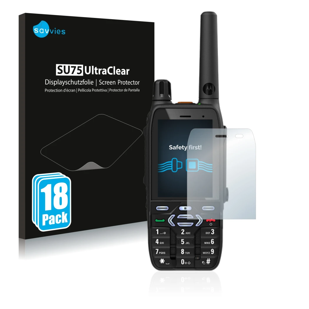 Vorderseite einer Produktverpackung mit dem Markenlogo Savvies. Daneben ist das Gerät Motorola MXP600 mit dem zugehörigen Disp