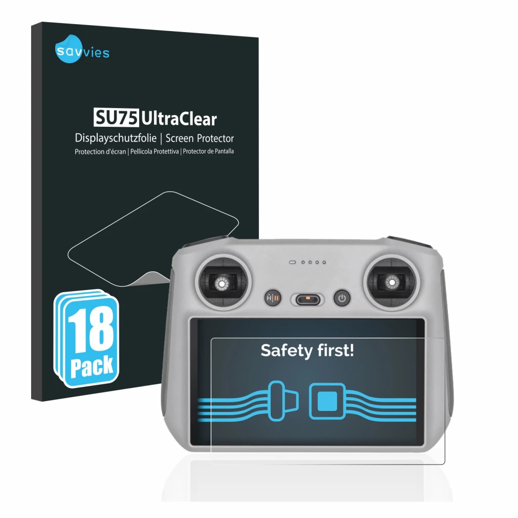 Vorderseite einer Produktverpackung mit dem Markenlogo Savvies. Daneben ist das Gerät DJI RC Controller mit dem zugehörigen Di