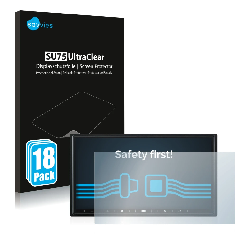 Vorderseite einer Produktverpackung mit dem Markenlogo Savvies. Daneben ist das Gerät Alpine iLX-W690D mit dem zugehörigen Dis