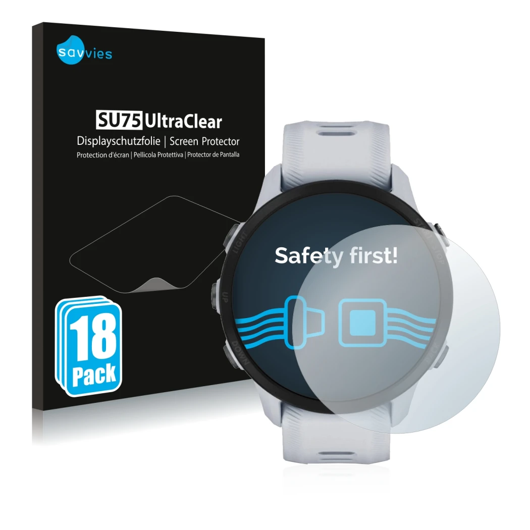 Vorderseite einer Produktverpackung mit dem Markenlogo Savvies. Daneben ist das Gerät Garmin Forerunner 955 mit dem zugehörige