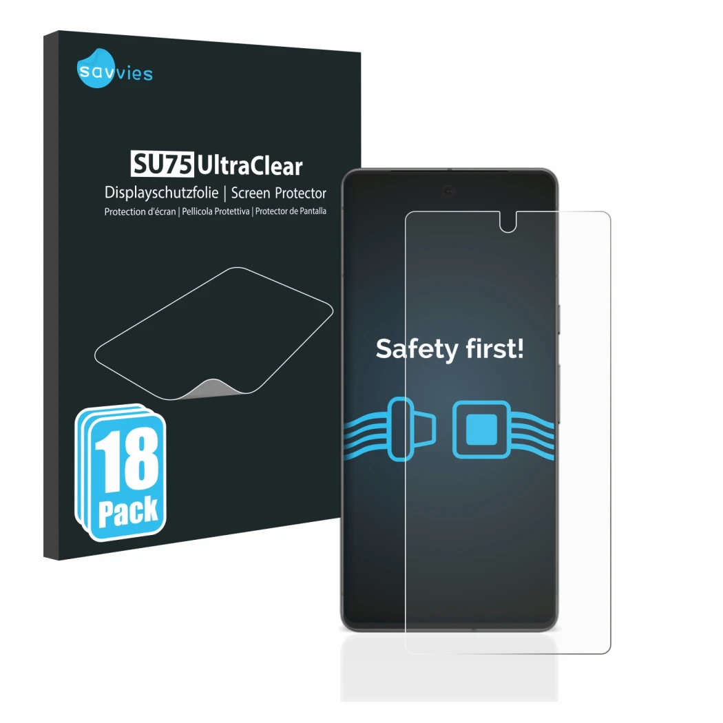 Vorderseite einer Produktverpackung mit dem Markenlogo Savvies. Daneben ist das Gerät Google Pixel 7 mit dem zugehörigen Displ