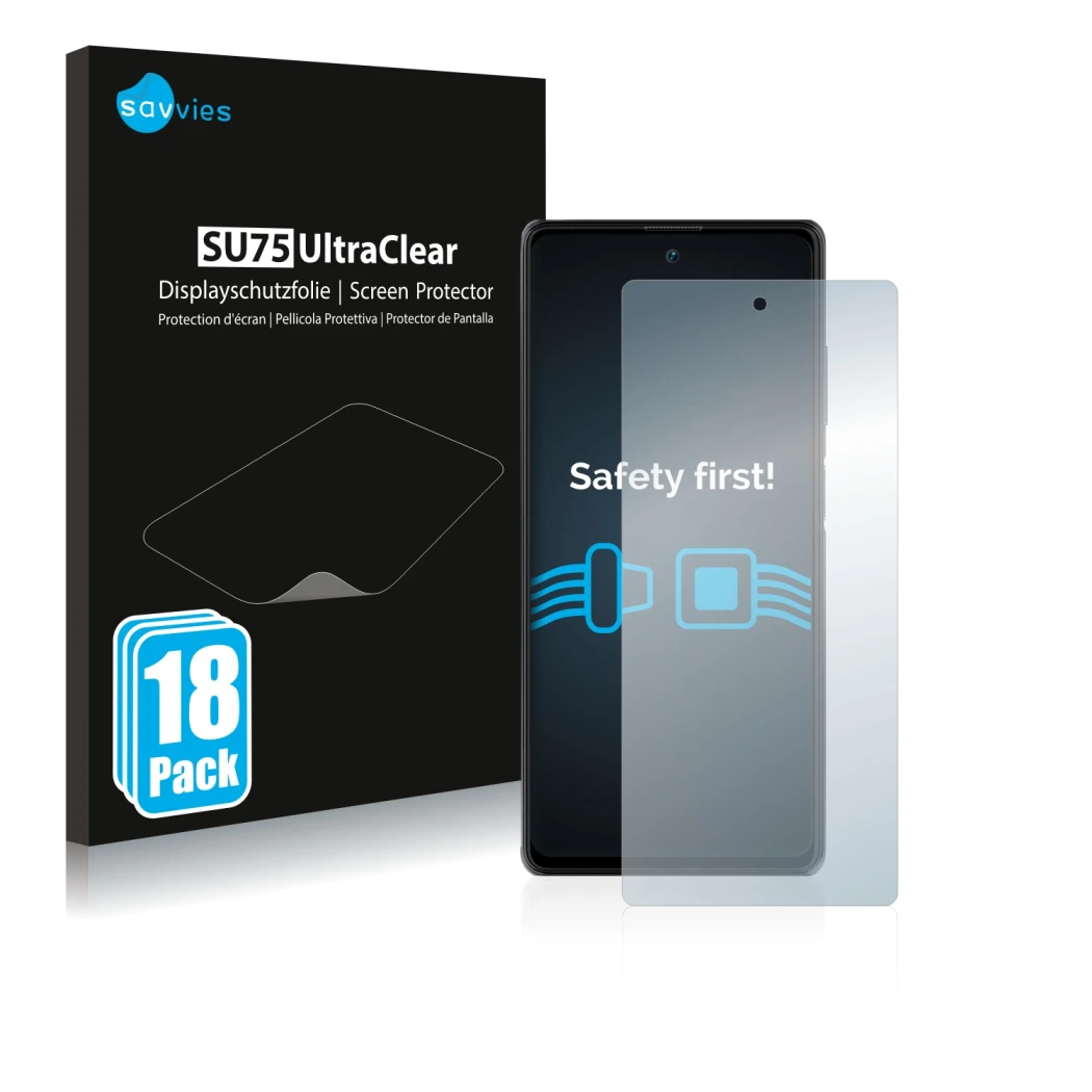 Vorderseite einer Produktverpackung mit dem Markenlogo Savvies. Daneben ist das Gerät Blackview A100 mit dem zugehörigen Displ