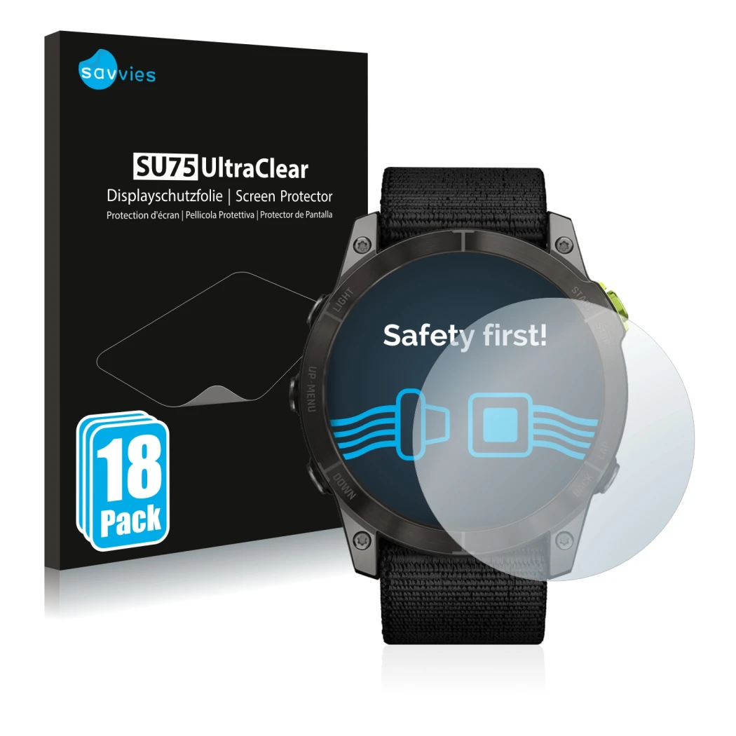 Vorderseite einer Produktverpackung mit dem Markenlogo Savvies. Daneben ist das Gerät Garmin Enduro 2 mit dem zugehörigen Disp