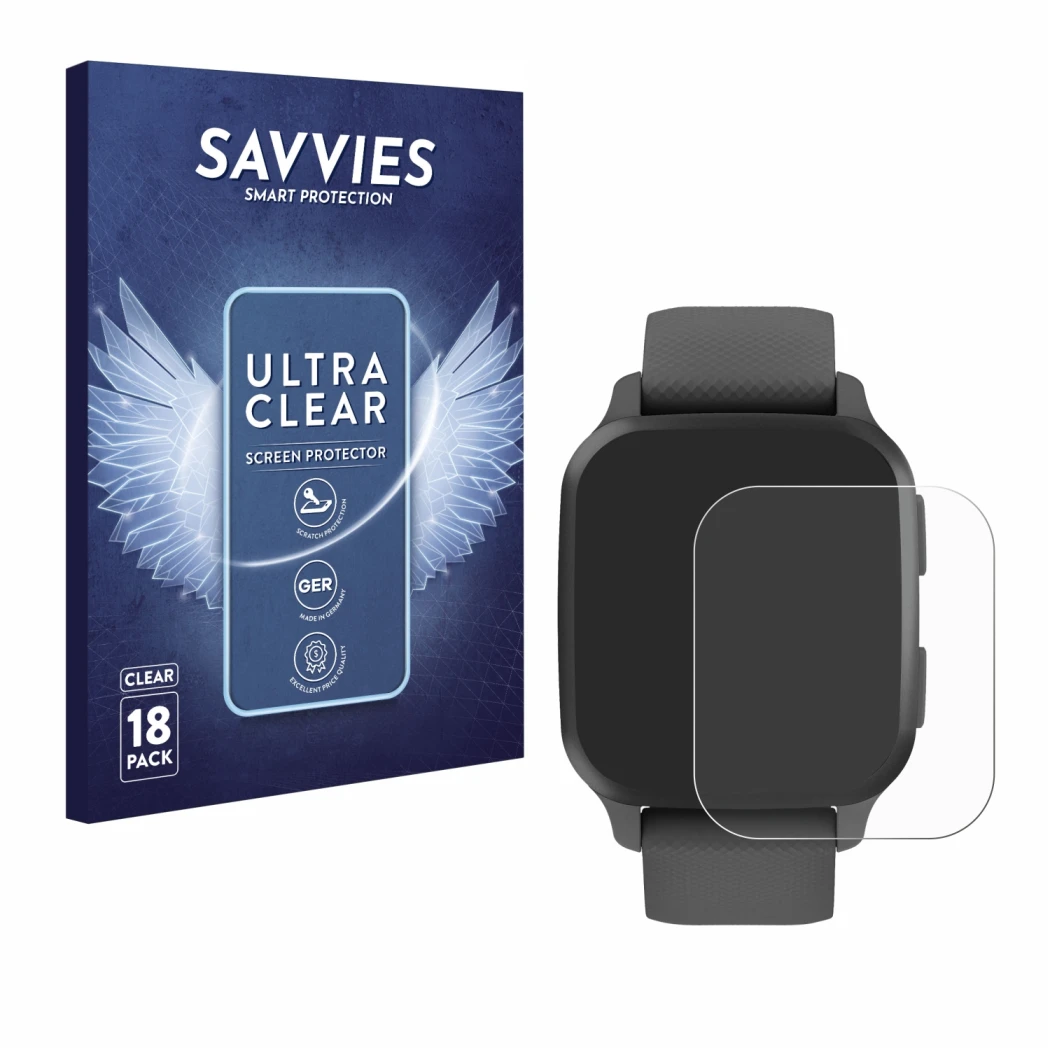 Vorderseite einer Produktverpackung mit dem Markenlogo Savvies. Daneben ist das Gerät Garmin Venu Sq 2 mit dem zugehörigen Dis