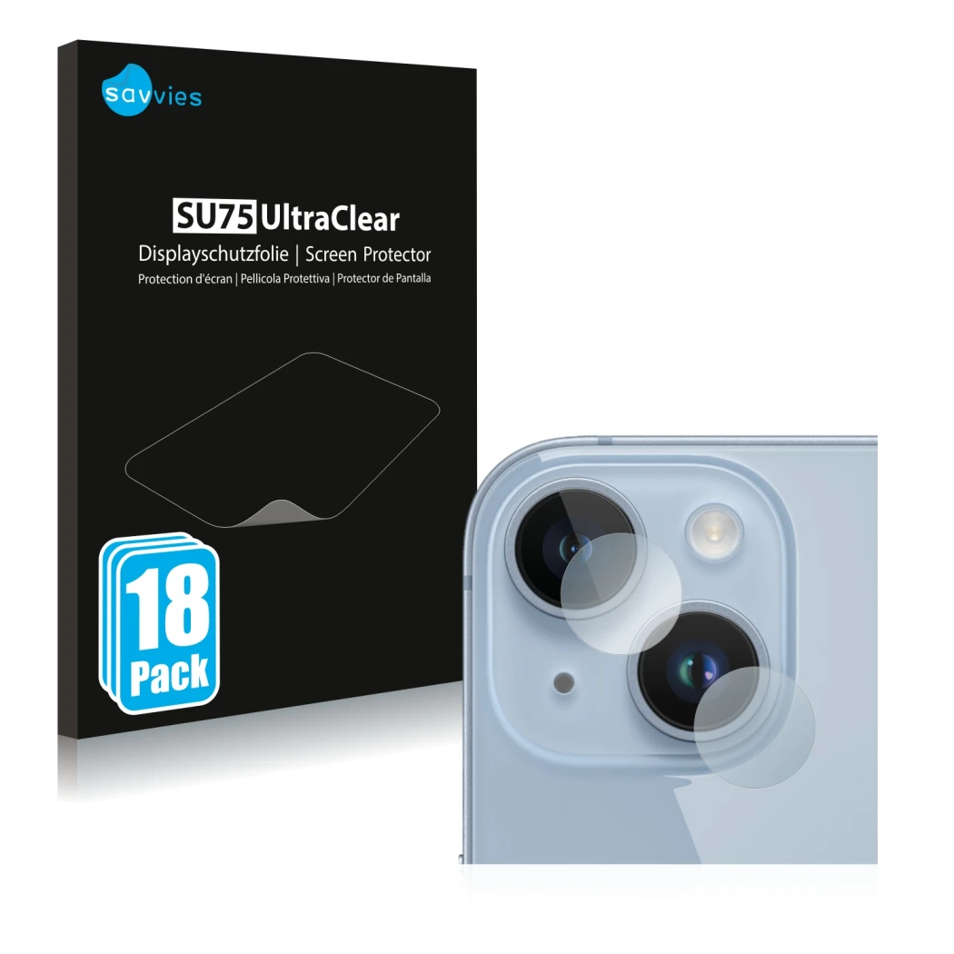 Vorderseite einer Produktverpackung mit dem Markenlogo Savvies. Daneben ist das Gerät Apple iPhone 14 (NUR Kameraschutz) mit d