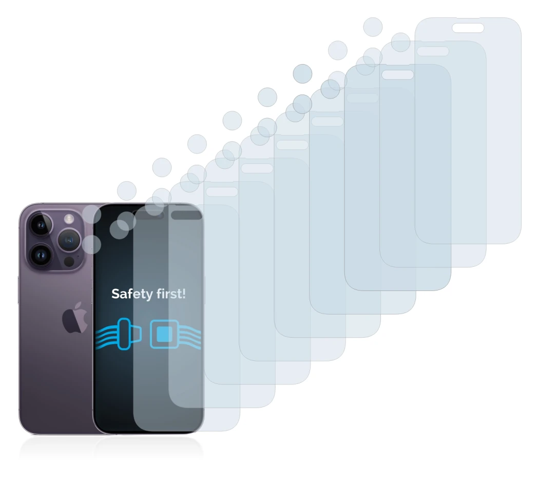 Abbildung des Geräts Apple iPhone 14 Pro (Display+Kamera) mit einer Vielzahl des Displayschutzes.