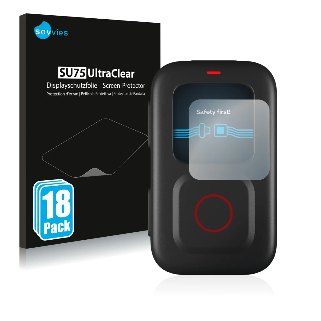 Vorderseite einer Produktverpackung mit dem Markenlogo Savvies. Daneben ist das Gerät GoPro Remote mit dem zugehörigen Display