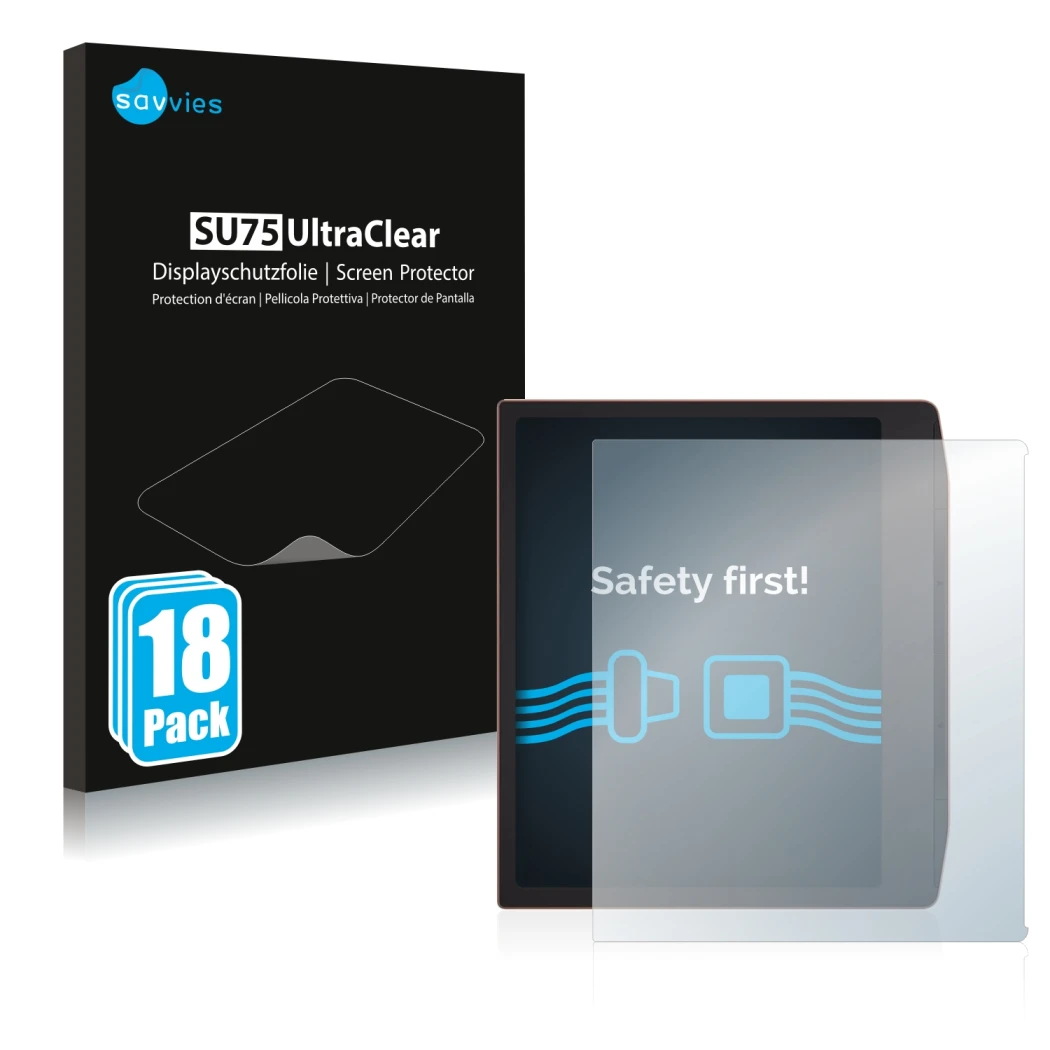 Vorderseite einer Produktverpackung mit dem Markenlogo Savvies. Daneben ist das Gerät PocketBook Era mit dem zugehörigen Displ