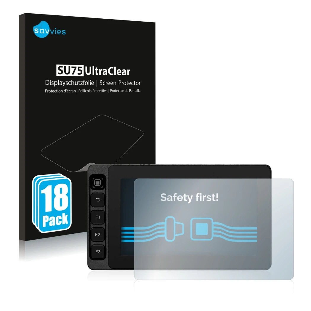 Vorderseite einer Produktverpackung mit dem Markenlogo Savvies. Daneben ist das Gerät SmallHD Ultra 5 mit dem zugehörigen Disp