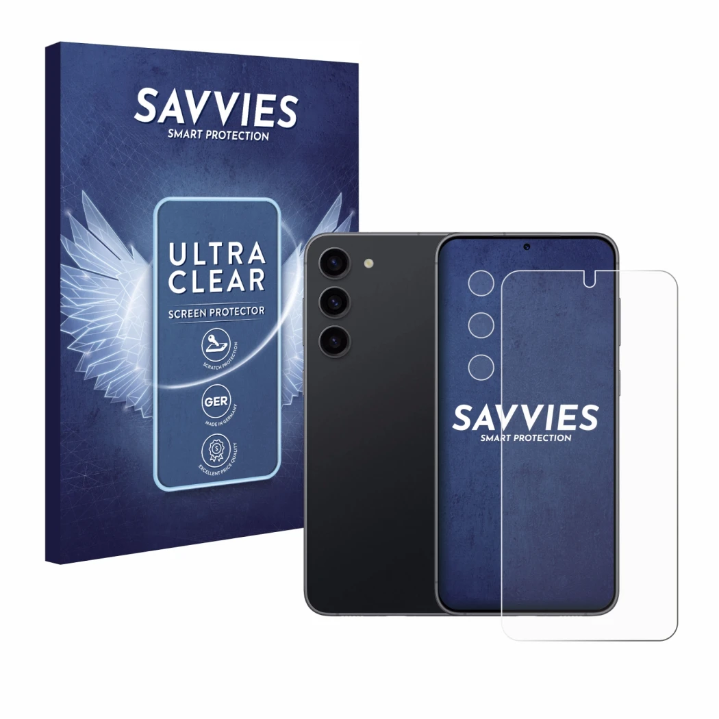 Vorderseite einer Produktverpackung mit dem Markenlogo Savvies. Daneben ist das Gerät Samsung Galaxy S23 (Display+Kamera) mit 