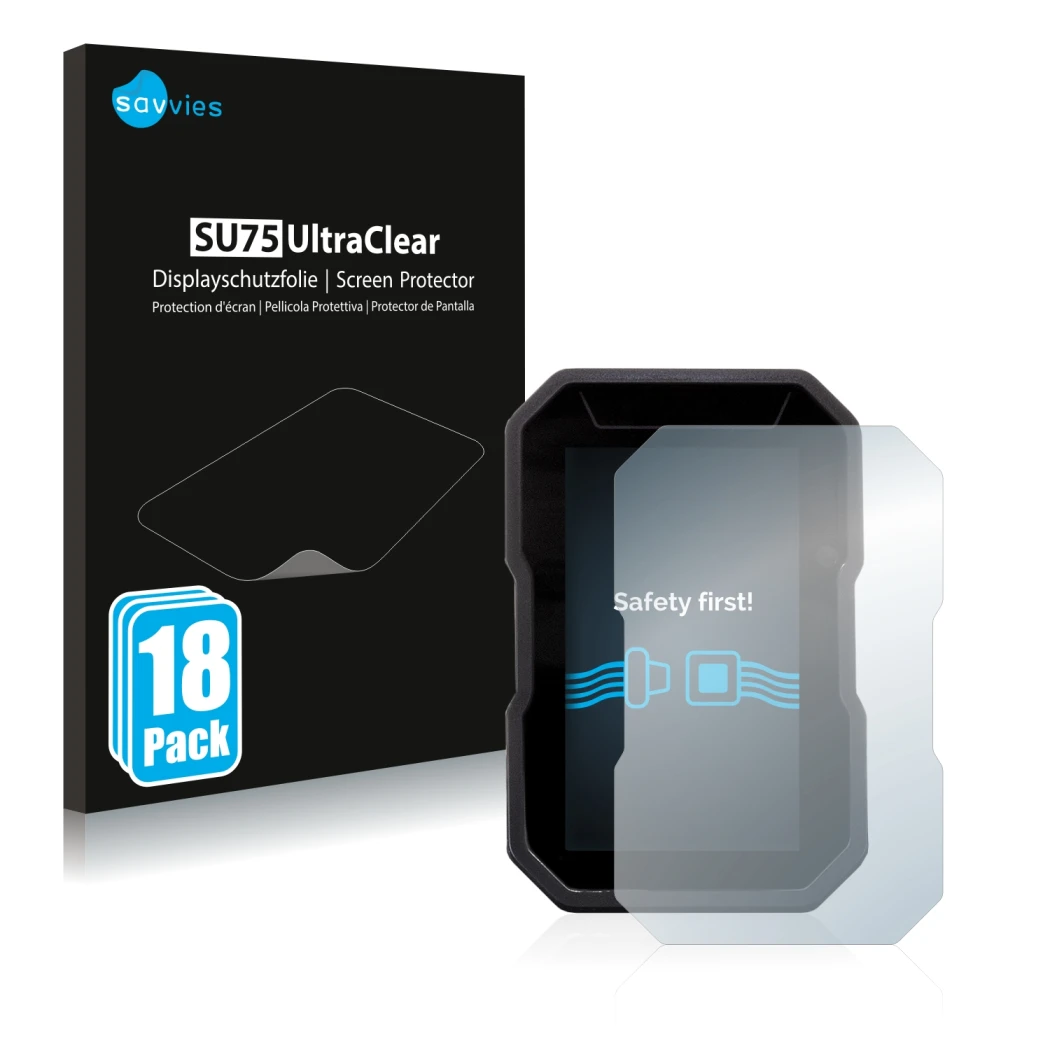 Vorderseite einer Produktverpackung mit dem Markenlogo Savvies. Daneben ist das Gerät Ducati DesertX 2022 mit dem zugehörigen 