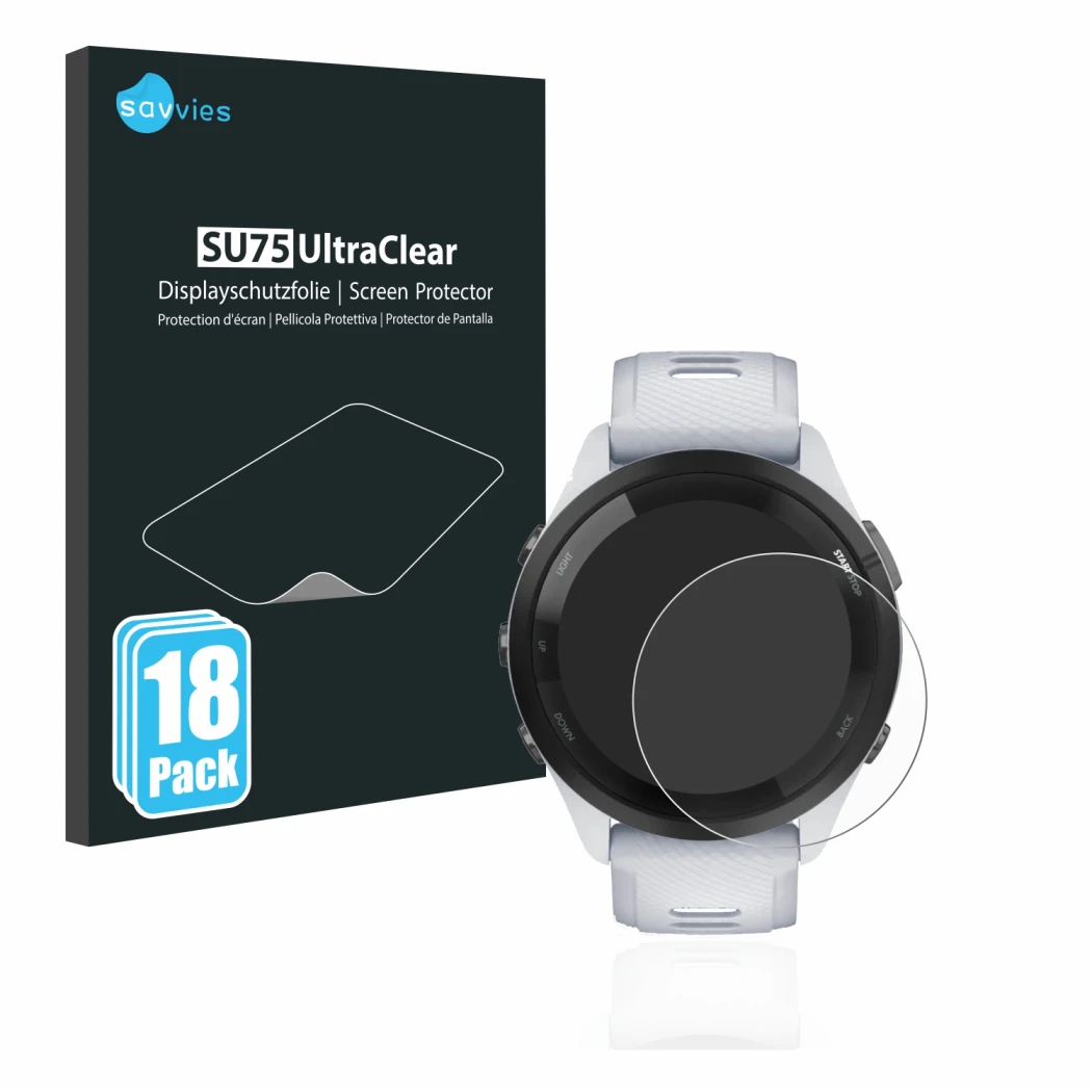 Vorderseite einer Produktverpackung mit dem Markenlogo Savvies. Daneben ist das Gerät Garmin Forerunner 265 (46 mm) mit dem zu