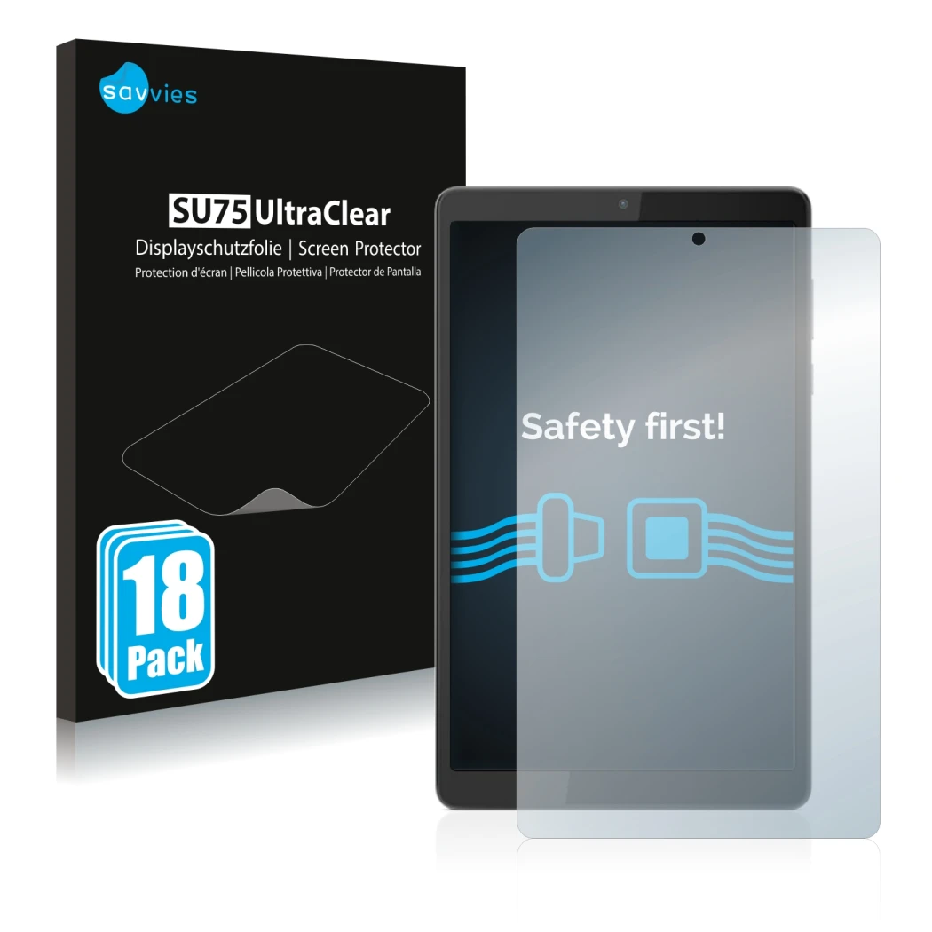 Vorderseite einer Produktverpackung mit dem Markenlogo Savvies. Daneben ist das Gerät Lenovo Tab M8 (4. Gen.) mit dem zugehöri