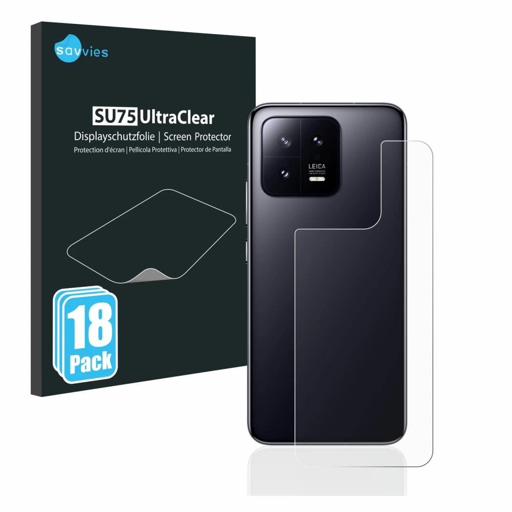 Vorderseite einer Produktverpackung mit dem Markenlogo Savvies. Daneben ist das Gerät Xiaomi 13 (Rückseite) mit dem zugehörige