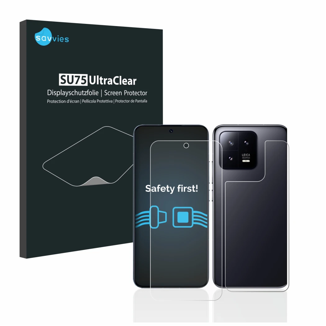Vorderseite einer Produktverpackung mit dem Markenlogo Savvies. Daneben ist das Gerät Xiaomi 13 (Display+Rückseite) mit dem zu