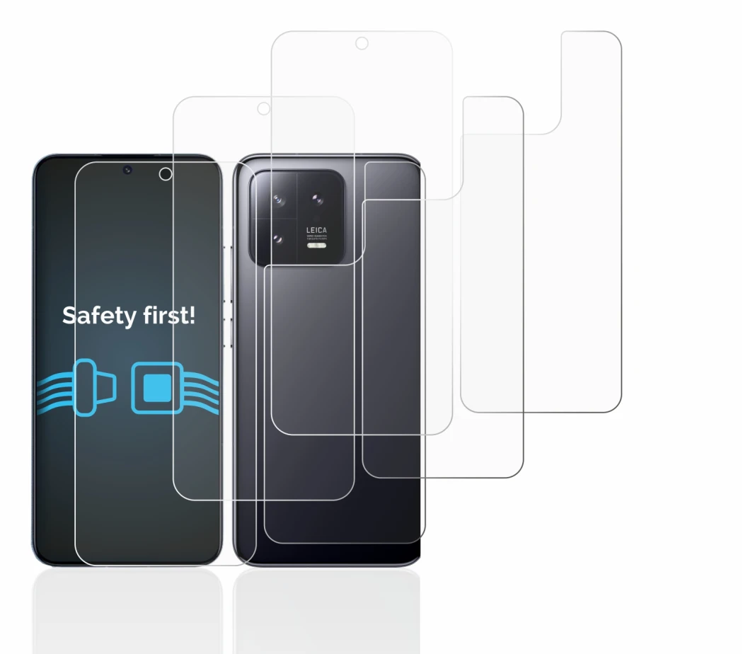 Abbildung des Geräts Xiaomi 13 (Display+Rückseite) mit einer Vielzahl des Displayschutzes.
