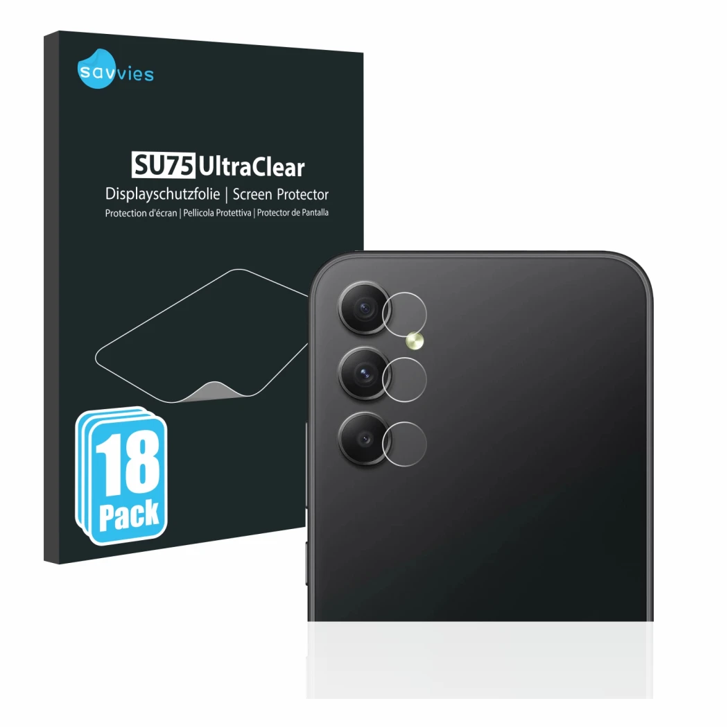 Vorderseite einer Produktverpackung mit dem Markenlogo Savvies. Daneben ist das Gerät Samsung Galaxy A34 5G (NUR Kameraschutz)