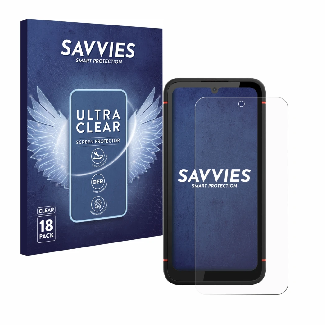 Vorderseite einer Produktverpackung mit dem Markenlogo Savvies. Daneben ist das Gerät Gigaset GX4 mit dem zugehörigen Displays