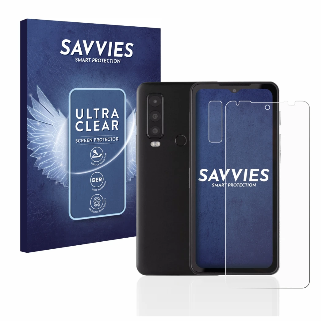 Vorderseite einer Produktverpackung mit dem Markenlogo Savvies. Daneben ist das Gerät Caterpillar Cat S75 (Display+Kamera) mit