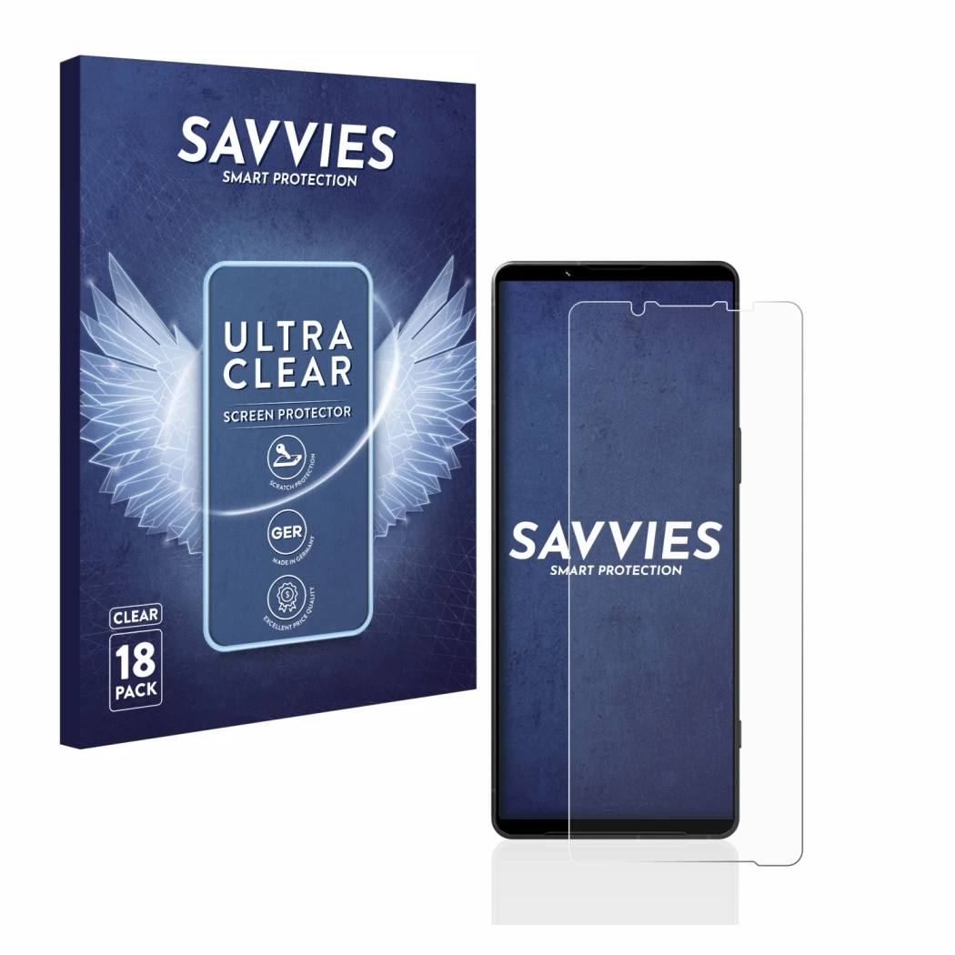 Vorderseite einer Produktverpackung mit dem Markenlogo Savvies. Daneben ist das Gerät Sony Xperia 1 V mit dem zugehörigen Disp