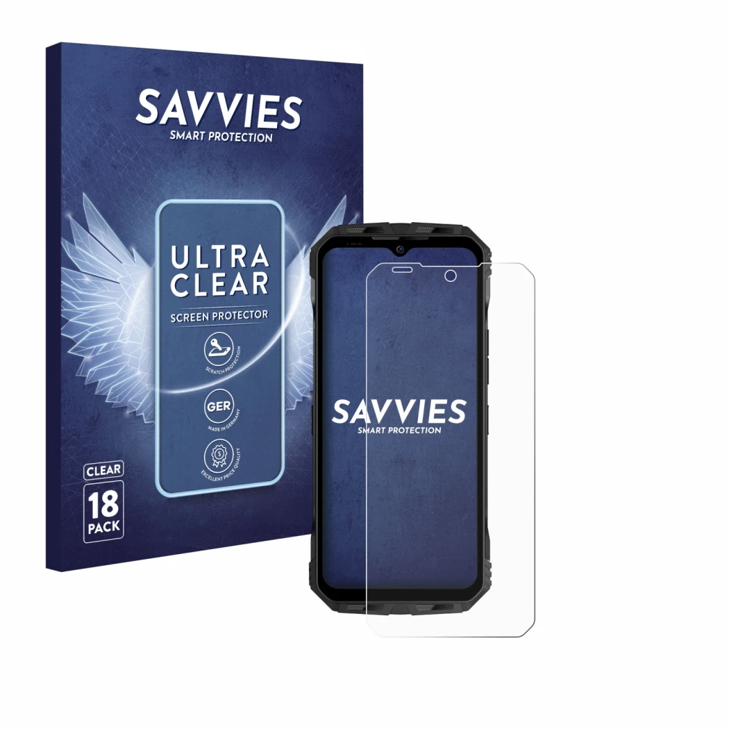 Vorderseite einer Produktverpackung mit dem Markenlogo Savvies. Daneben ist das Gerät Doogee V30 mit dem zugehörigen Displaysc