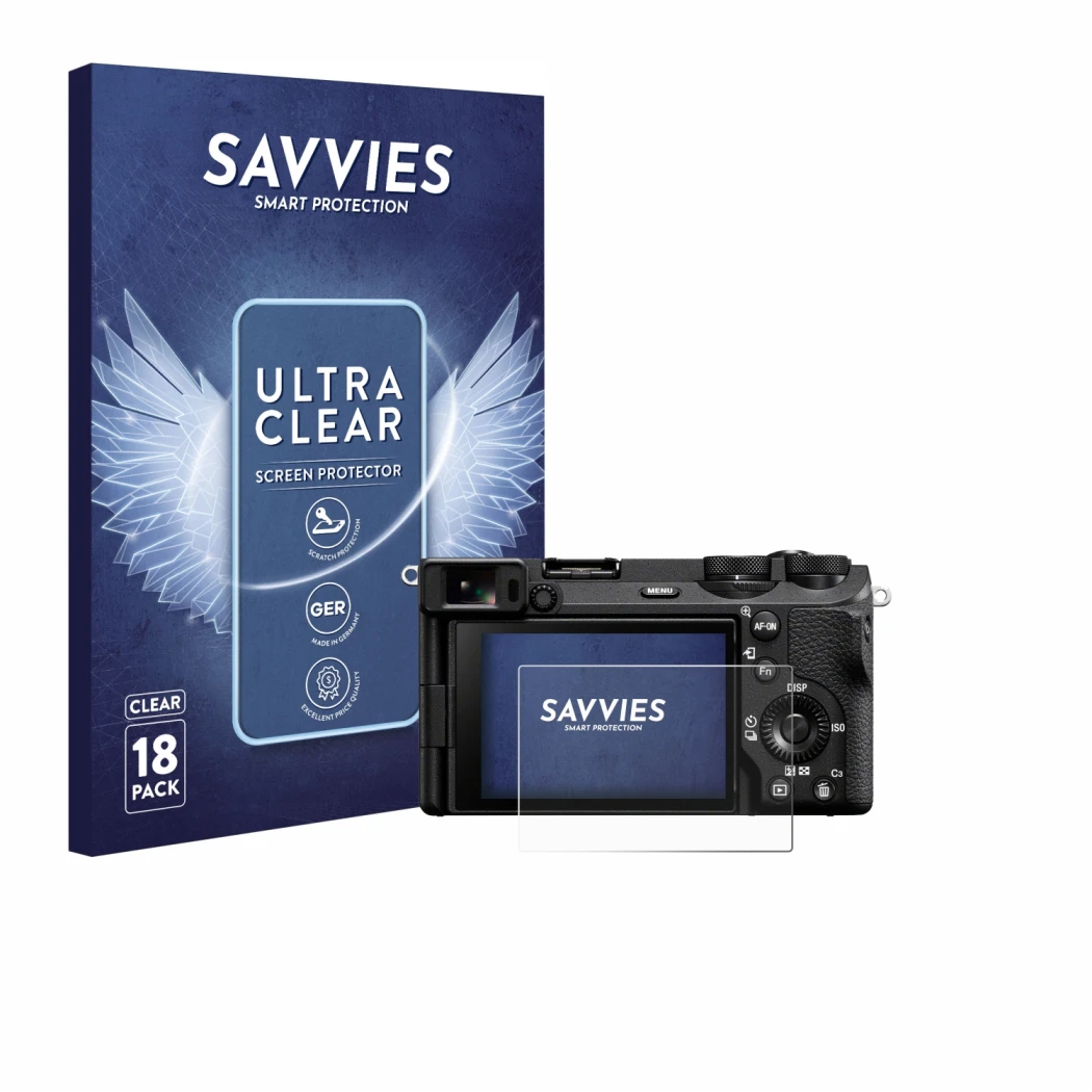 Vorderseite einer Produktverpackung mit dem Markenlogo Savvies. Daneben ist das Gerät Sony Alpha 6700 mit dem zugehörigen Disp
