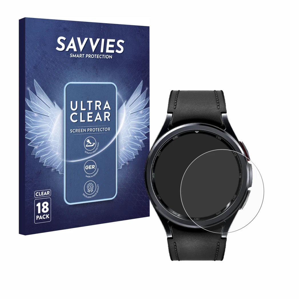 Vorderseite einer Produktverpackung mit dem Markenlogo Savvies. Daneben ist das Gerät Samsung Galaxy Watch 6 Classic (47 mm) m