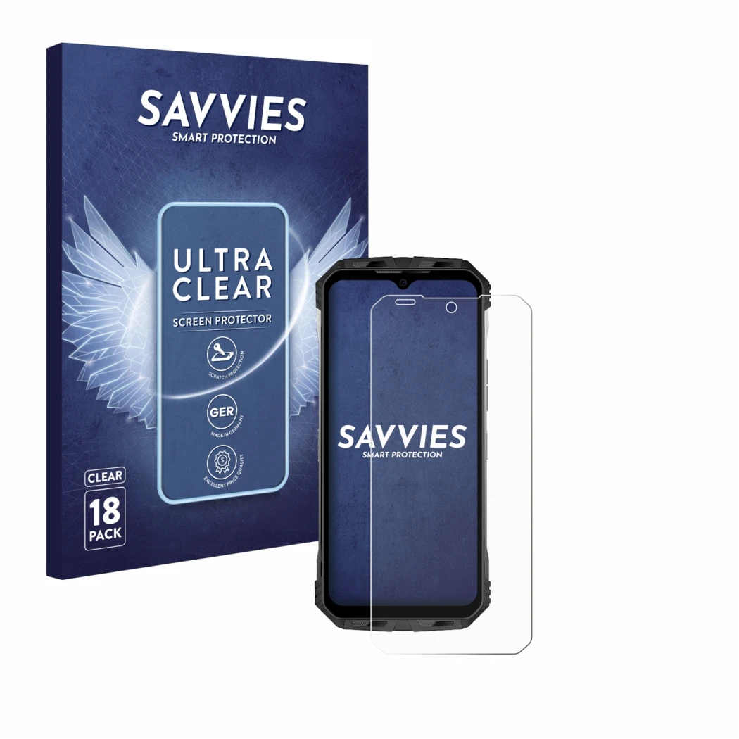 Vorderseite einer Produktverpackung mit dem Markenlogo Savvies. Daneben ist das Gerät Doogee S110 mit dem zugehörigen Displays