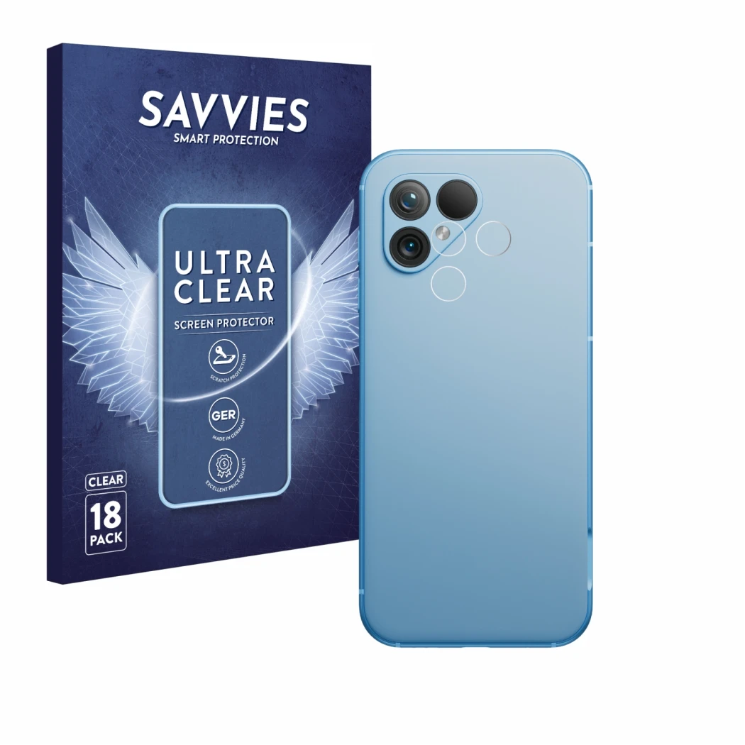 Vorderseite einer Produktverpackung mit dem Markenlogo Savvies. Daneben ist das Gerät Fairphone 5 (NUR Kameraschutz) mit dem z