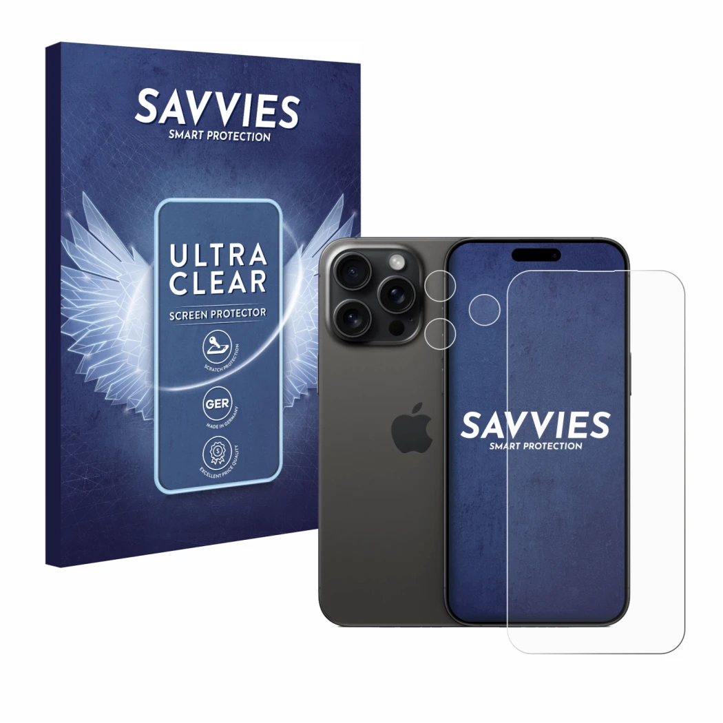 Vorderseite einer Produktverpackung mit dem Markenlogo Savvies. Daneben ist das Gerät Apple iPhone 15 Pro Max (Display+Kamera)