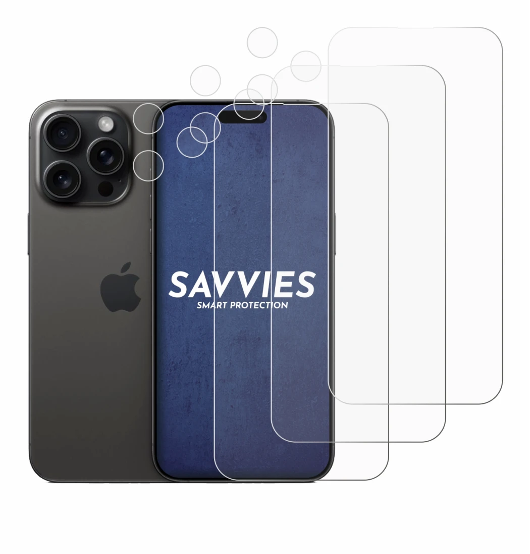 Abbildung des Geräts Apple iPhone 15 Pro Max (Display+Kamera) mit einer Vielzahl des Displayschutzes.