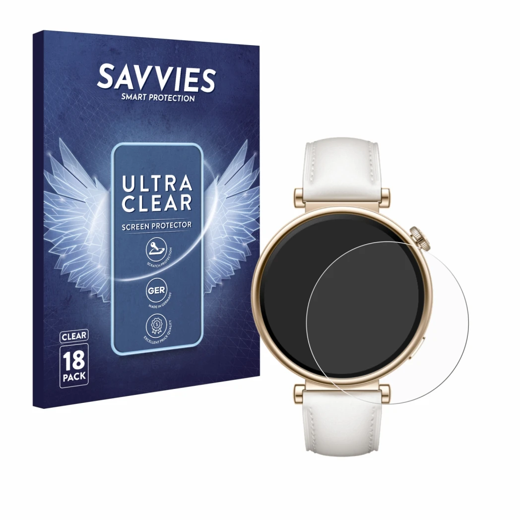 Vorderseite einer Produktverpackung mit dem Markenlogo Savvies. Daneben ist das Gerät Huawei Watch GT 4 (41mm) mit dem zugehör