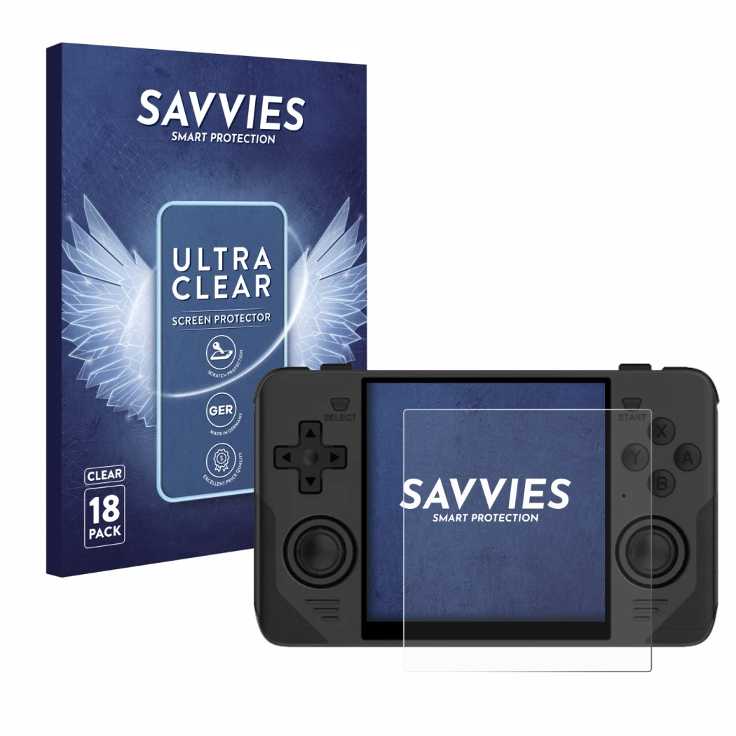 Vorderseite einer Produktverpackung mit dem Markenlogo Savvies. Daneben ist das Gerät Powkiddy RGB30 mit dem zugehörigen Displ