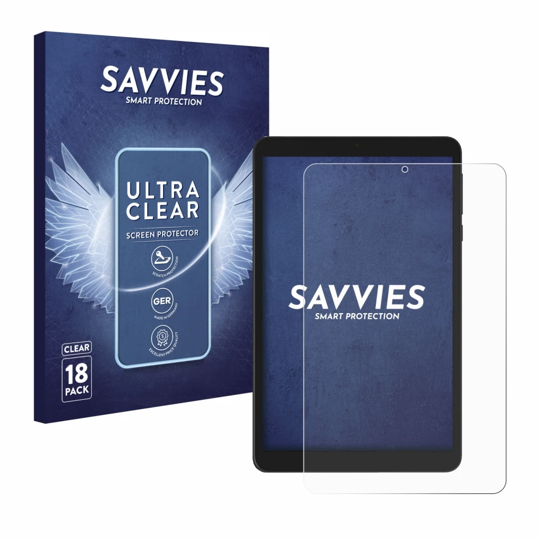 Vorderseite einer Produktverpackung mit dem Markenlogo Savvies. Daneben ist das Gerät Doogee T20 Mini mit dem zugehörigen Disp