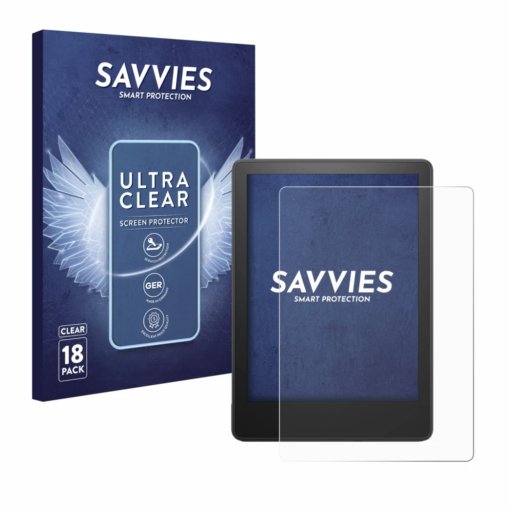 Vorderseite einer Produktverpackung mit dem Markenlogo Savvies. Daneben ist das Gerät Amazon Kindle Paperwhite 2023 (11. Gen.)