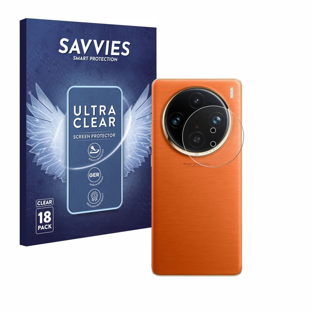 Vorderseite einer Produktverpackung mit dem Markenlogo Savvies. Daneben ist das Gerät Vivo X100 Pro (NUR Kameraschutz) mit dem