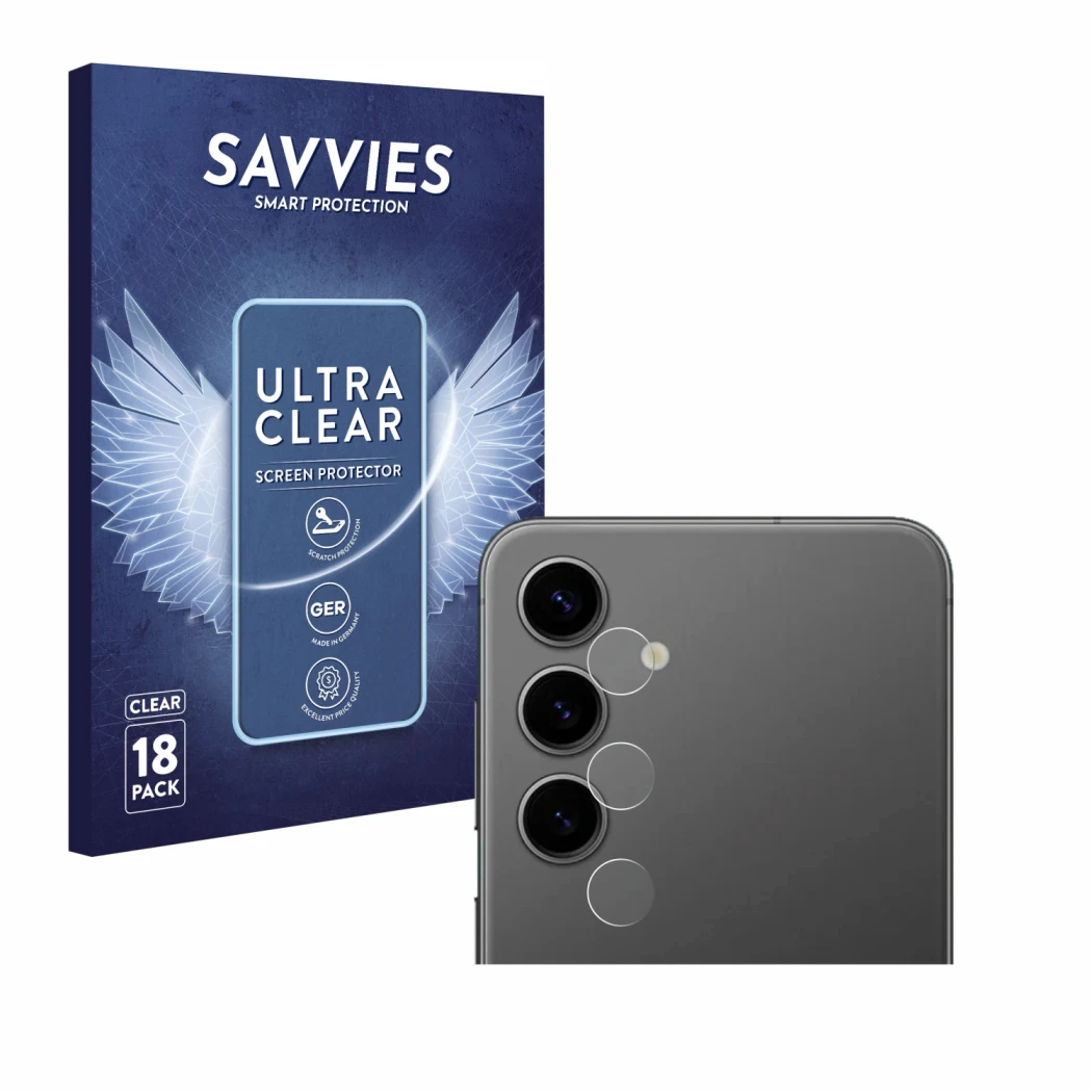 Vorderseite einer Produktverpackung mit dem Markenlogo Savvies. Daneben ist das Gerät Samsung Galaxy S24 Plus (NUR Kameraschut