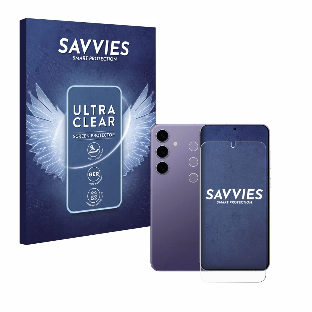 Vorderseite einer Produktverpackung mit dem Markenlogo Savvies. Daneben ist das Gerät Samsung Galaxy S24 Plus (Display+Kamera)