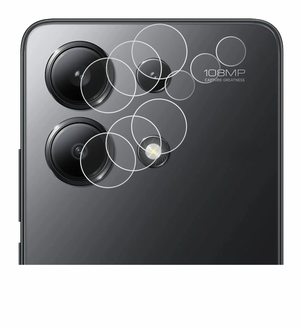 Abbildung des Geräts Xiaomi Redmi Note 13 (NUR Kameraschutz) mit einer Vielzahl des Displayschutzes.