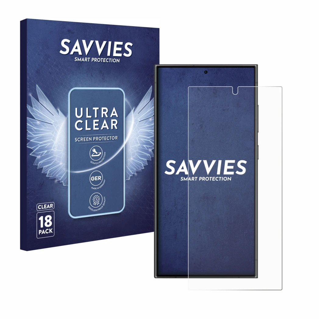 Vorderseite einer Produktverpackung mit dem Markenlogo Savvies. Daneben ist das Gerät Samsung Galaxy S24 Ultra mit dem zugehör