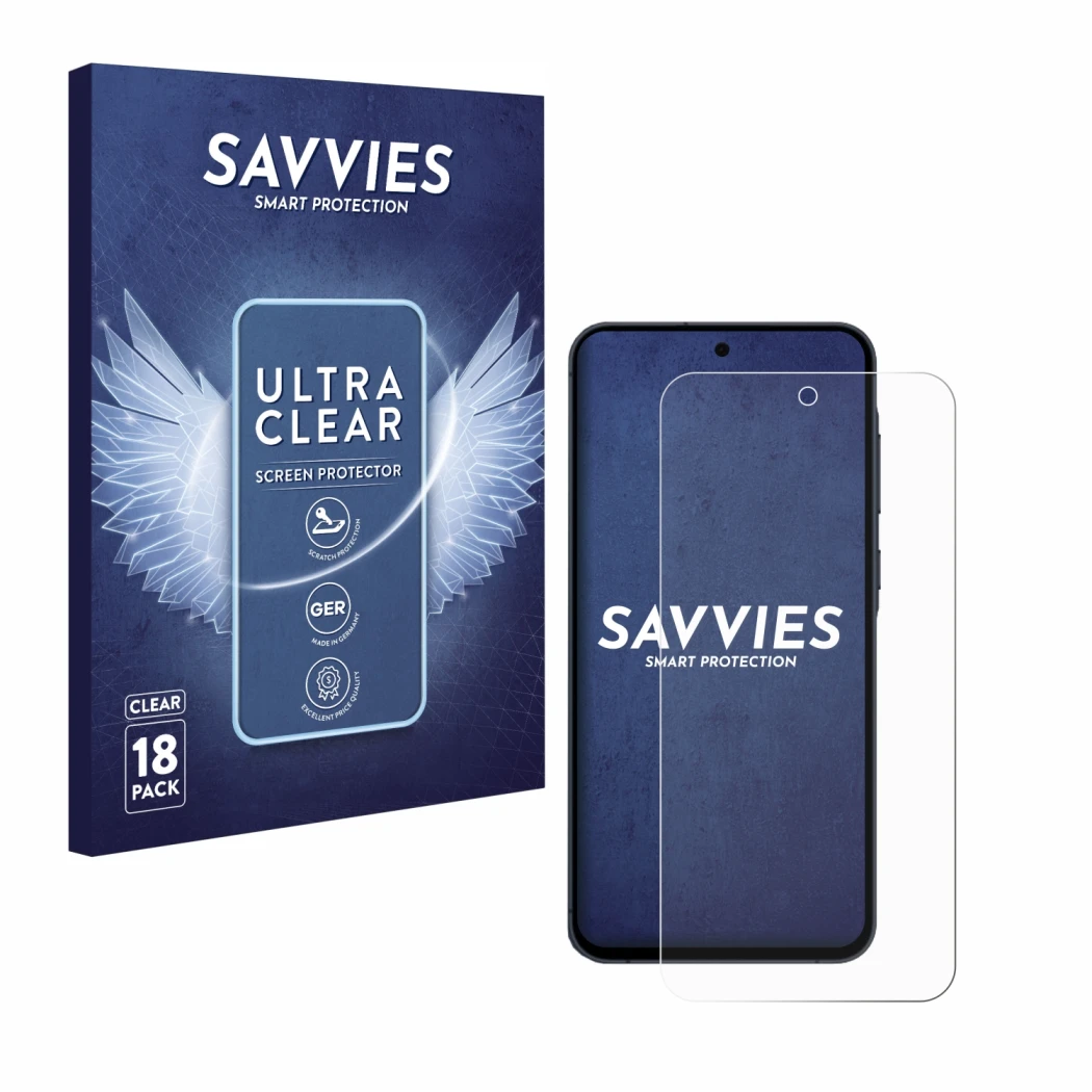 Vorderseite einer Produktverpackung mit dem Markenlogo Savvies. Daneben ist das Gerät Samsung Galaxy A55 5G mit dem zugehörige