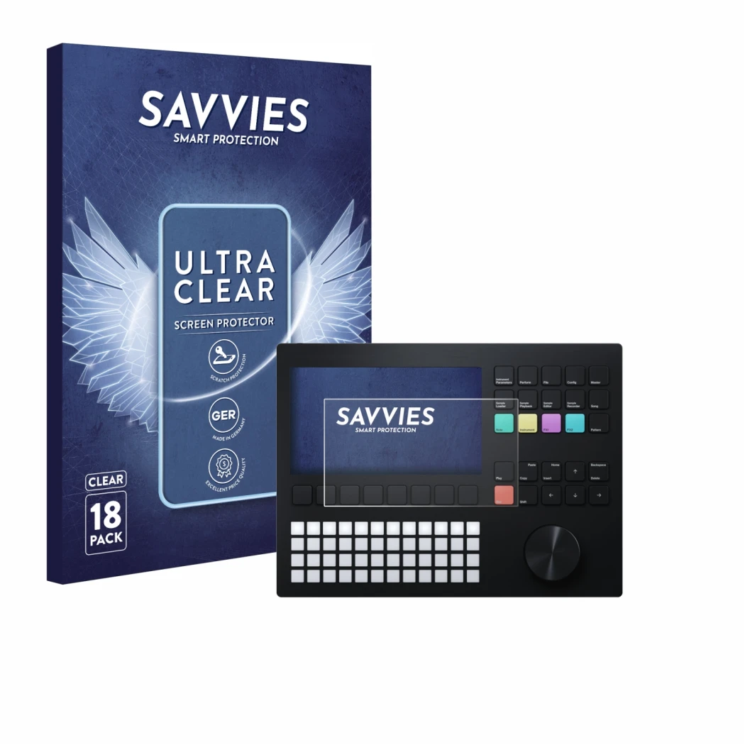 Vorderseite einer Produktverpackung mit dem Markenlogo Savvies. Daneben ist das Gerät Polyend Tracker mit dem zugehörigen Disp
